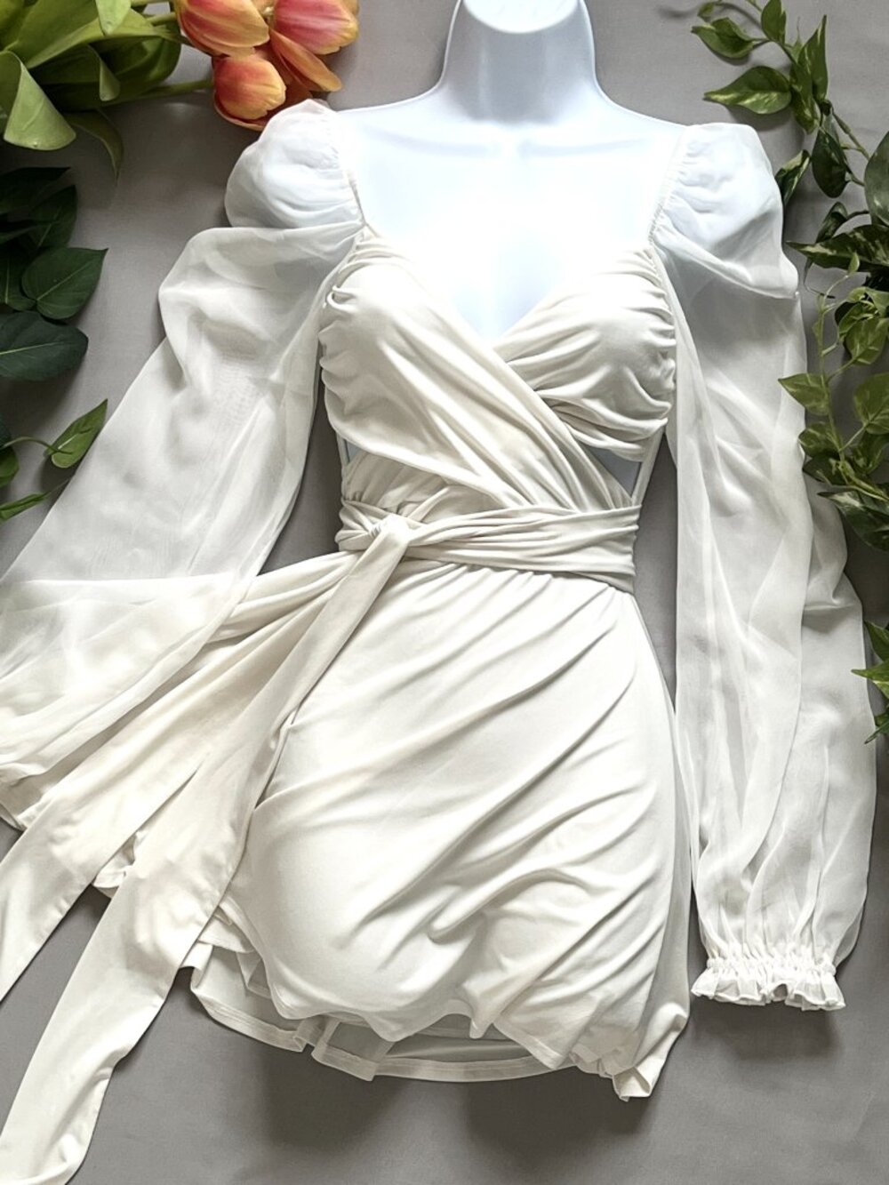 Lucy in The Sky Aliah Ivory Wrap Babydoll Mini Dress M Sheer Bishop Sleeves